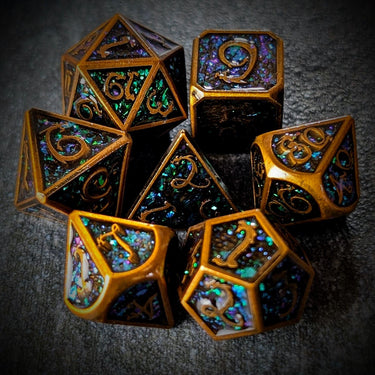 Glitter Pink Enamel in Gold Metal - 7pcs RPG Dice Set